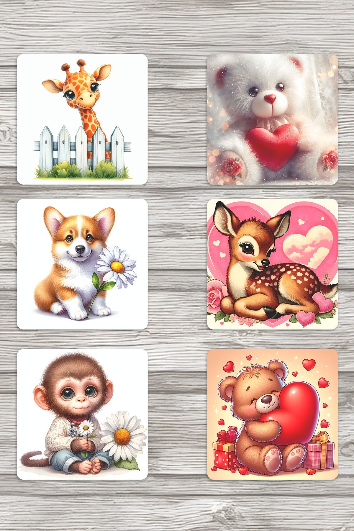 Sevimli Hayvanlar No:6 Baskılı 6'lı Set Dekoratif Ahşap Kare Bardak Altlığı