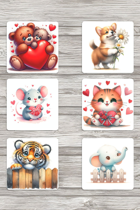 Sevimli Hayvanlar No:8 Baskılı 6'lı Set Dekoratif Ahşap Kare Bardak Altlığı