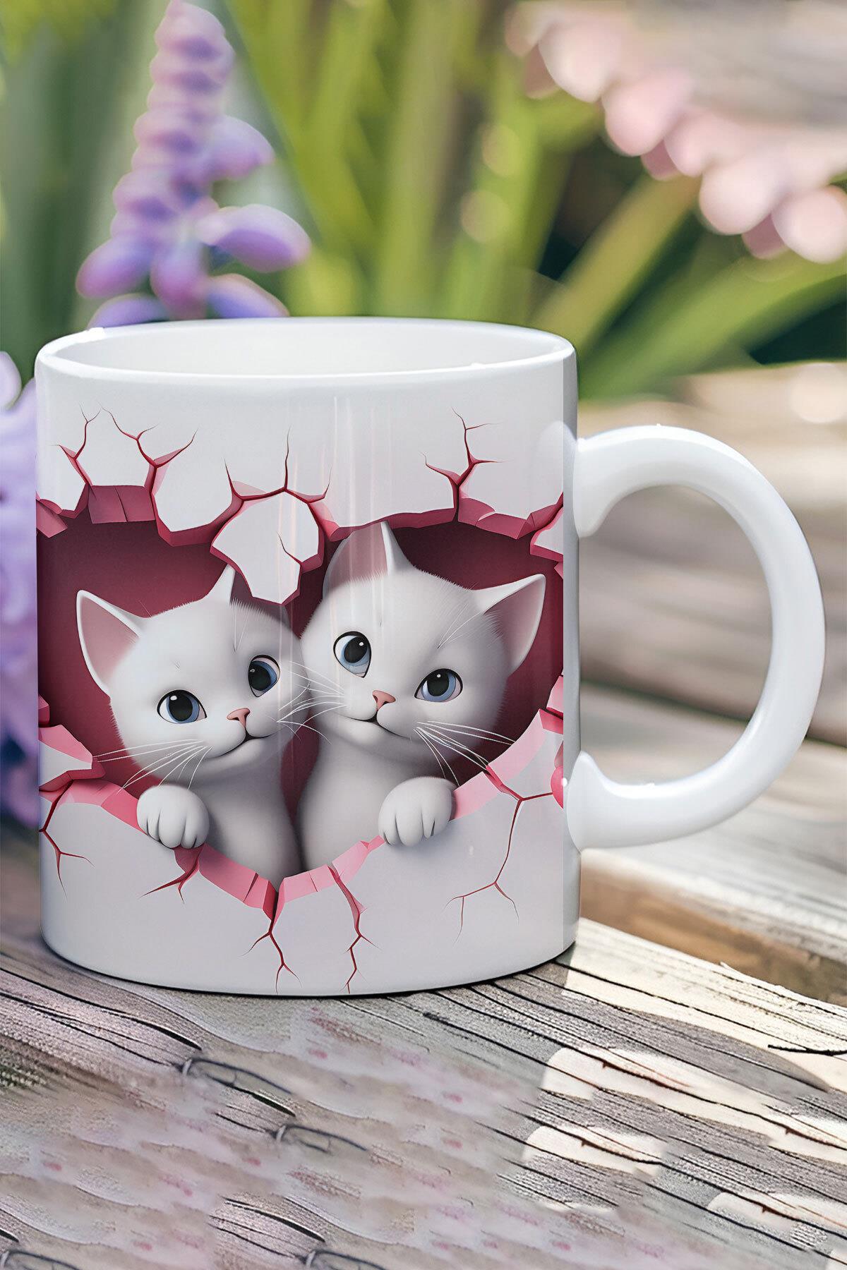 3D Görünüm Çift Kediler Sevgili Özel Gün Hediye No:1 3D Tasarım Görünümlü Baskılı Kupa Bardak Mug