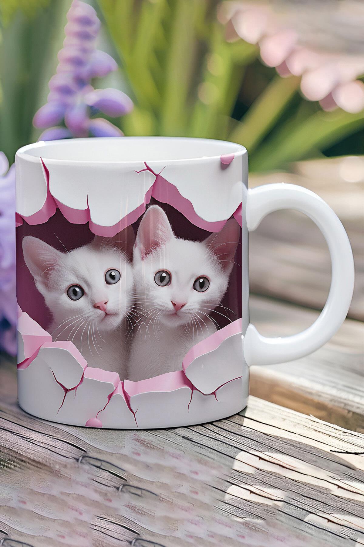 3D Görünüm Çift Kediler Sevgili Özel Gün Hediye No:1 3D Tasarım Görünümlü Baskılı Kupa Bardak Mug