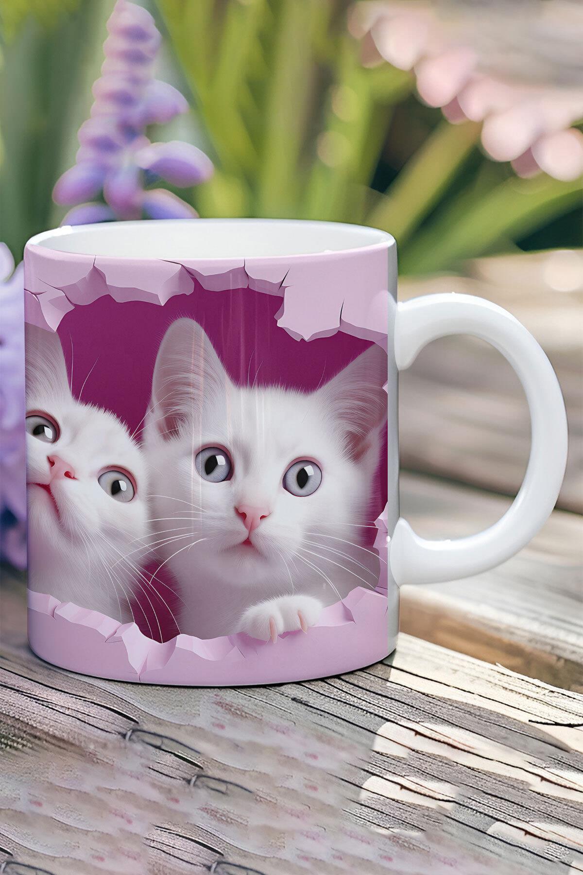 3D Görünüm Çift Kediler Sevgili Özel Gün Hediye No:1 3D Tasarım Görünümlü Baskılı Kupa Bardak Mug