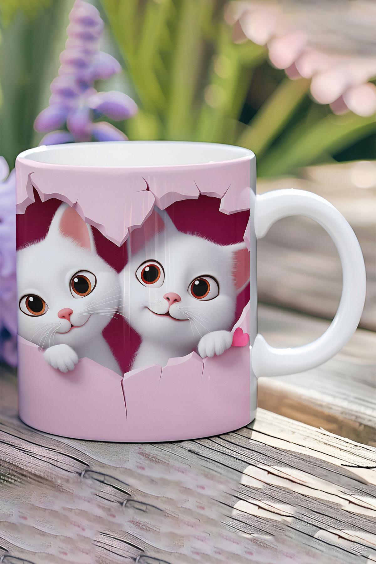 3D Görünüm Çift Kediler Sevgili Özel Gün Hediye No:1 3D Tasarım Görünümlü Baskılı Kupa Bardak Mug