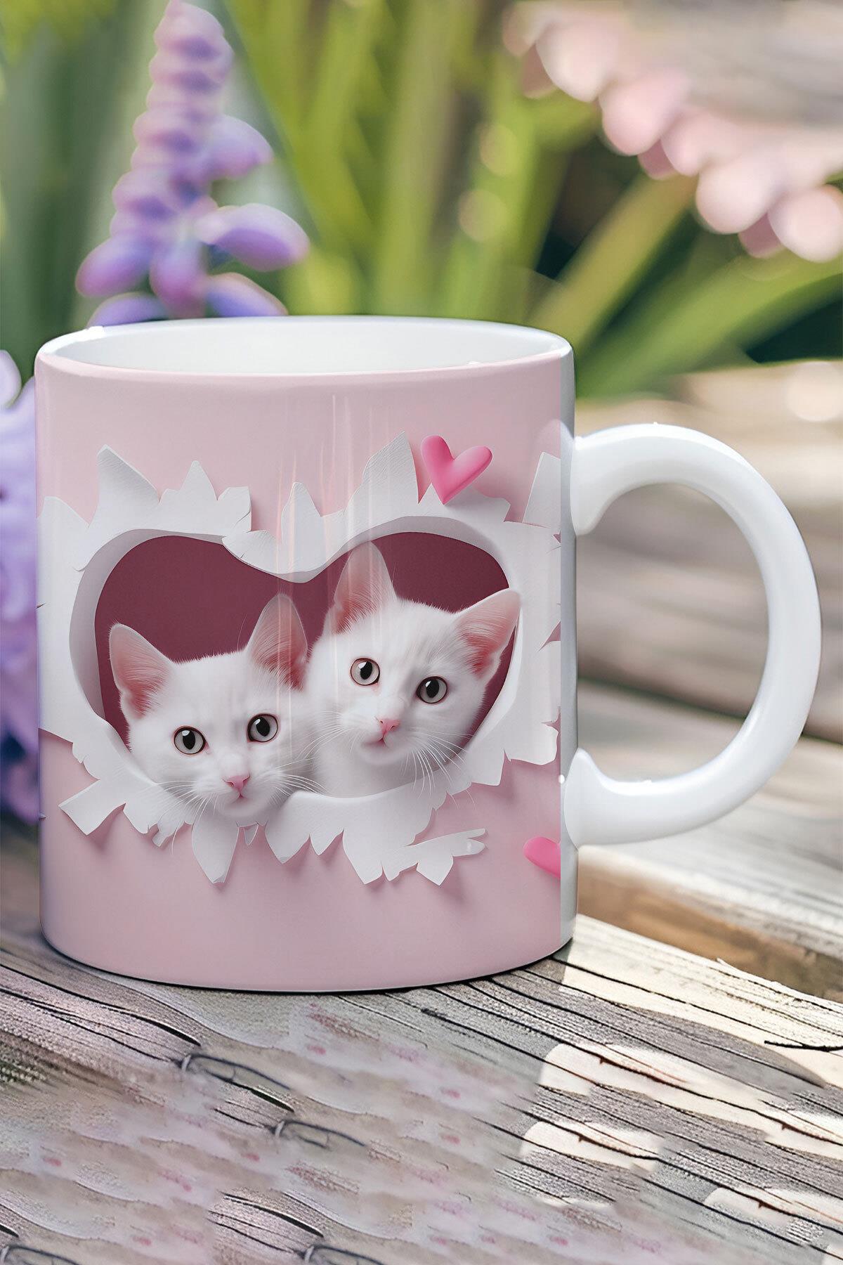 3D Görünüm Çift Kediler Sevgili Özel Gün Hediye No:1 3D Tasarım Görünümlü Baskılı Kupa Bardak Mug