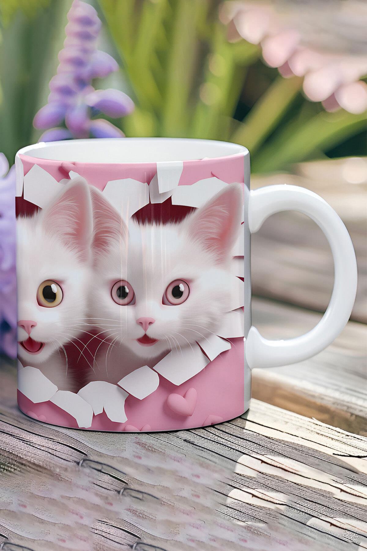 3D Görünüm Çift Kediler Sevgili Özel Gün Hediye No:1 3D Tasarım Görünümlü Baskılı Kupa Bardak Mug