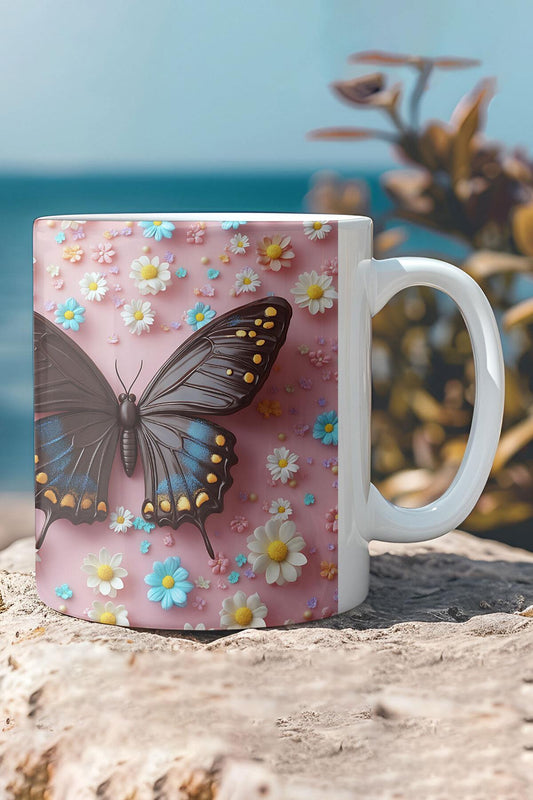 3D Görünümlü Kelebek Ve Çiçek Desenli Baskılı Kupa Bardak