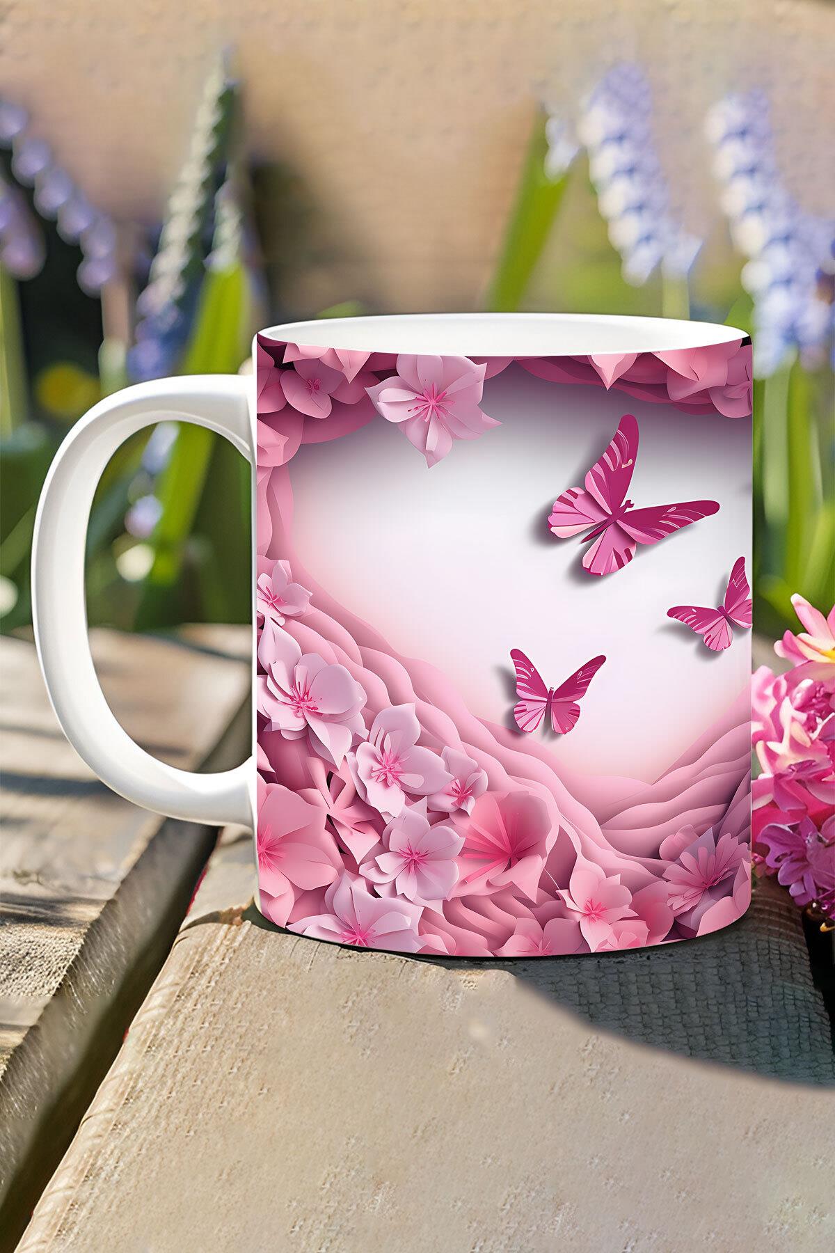 3D Görünümlü Pembe Çiçek ve Kelebekler No:1 3D Tasarım Baskılı Kupa Bardak Mug