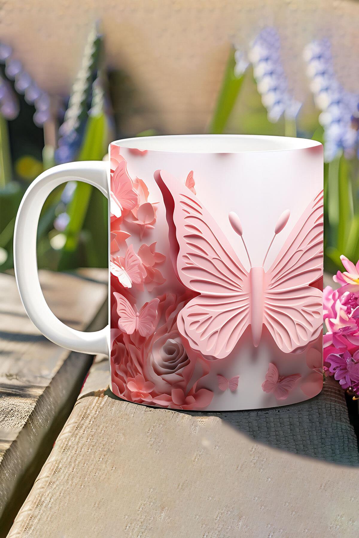 3D Görünümlü Pembe Çiçek ve Kelebekler No:1 3D Tasarım Baskılı Kupa Bardak Mug