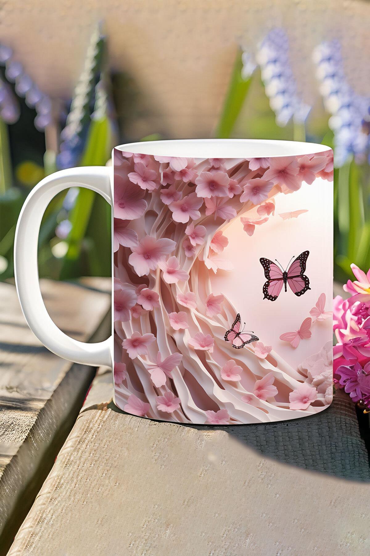 3D Görünümlü Pembe Çiçek ve Kelebekler No:1 3D Tasarım Baskılı Kupa Bardak Mug