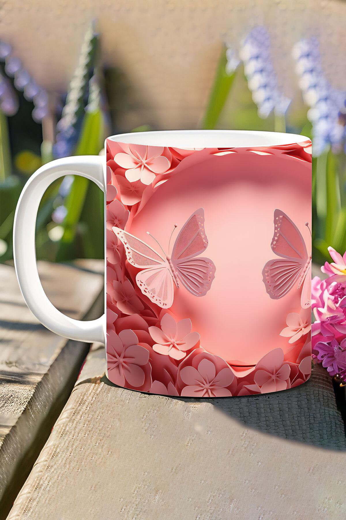 3D Görünümlü Pembe Çiçek ve Kelebekler No:1 3D Tasarım Baskılı Kupa Bardak Mug