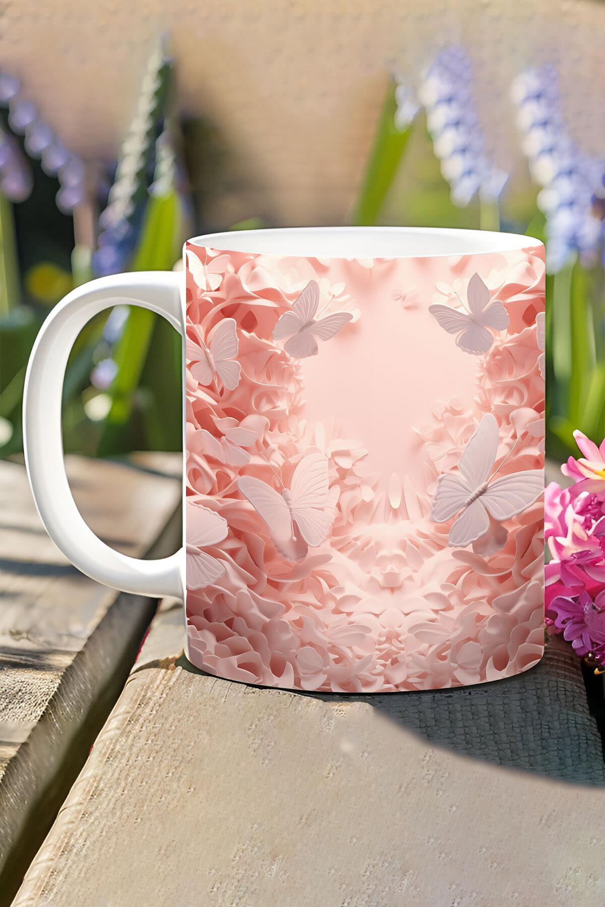 3D Görünümlü Pembe Çiçek ve Kelebekler No:1 3D Tasarım Baskılı Kupa Bardak Mug