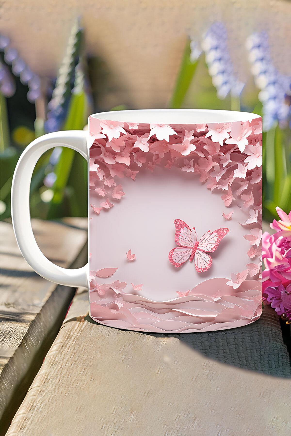3D Görünümlü Pembe Çiçek ve Kelebekler No:1 3D Tasarım Baskılı Kupa Bardak Mug