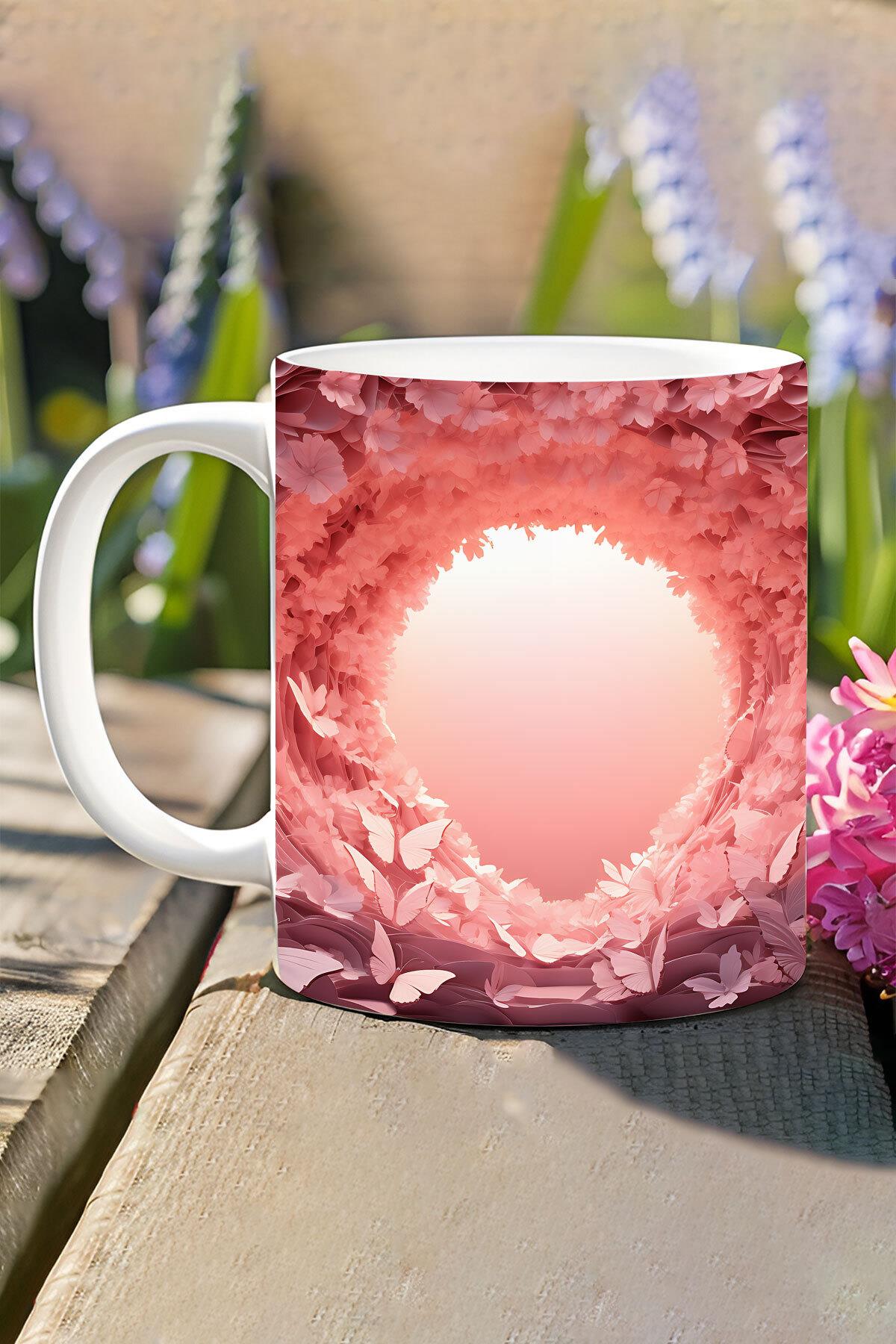 3D Görünümlü Pembe Çiçek ve Kelebekler No:1 3D Tasarım Baskılı Kupa Bardak Mug