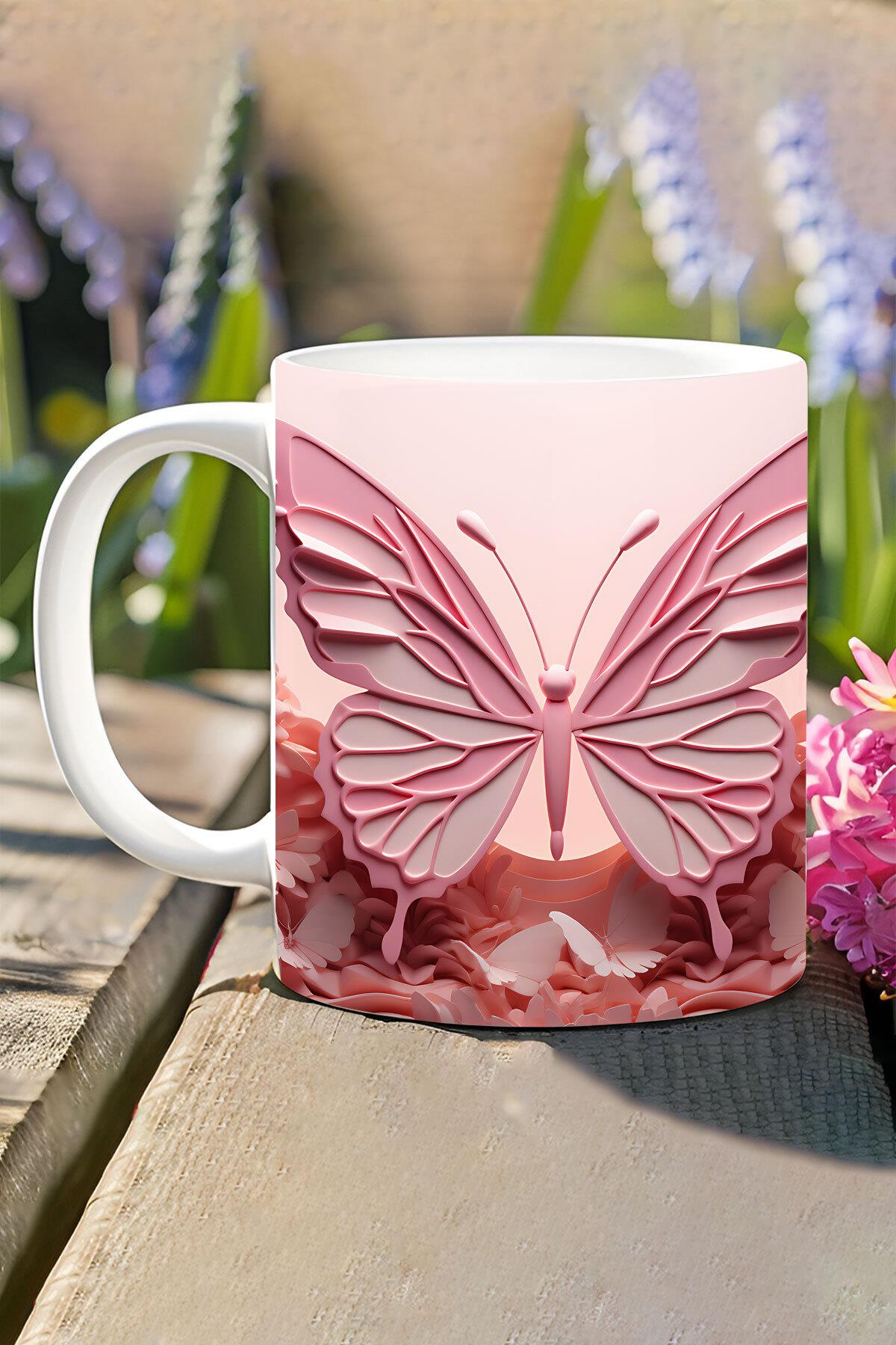3D Görünümlü Pembe Çiçek ve Kelebekler No:1 3D Tasarım Baskılı Kupa Bardak Mug