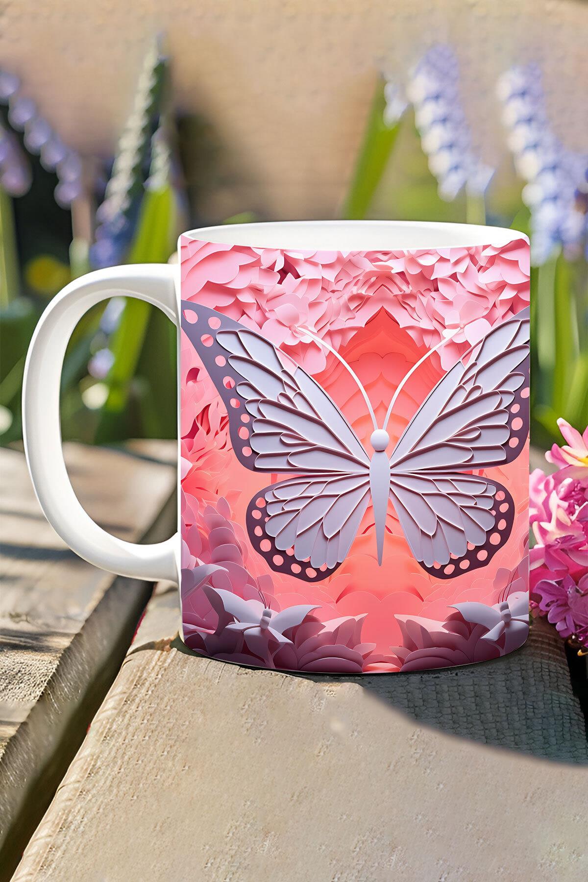 3D Görünümlü Pembe Çiçek ve Kelebekler No:1 3D Tasarım Baskılı Kupa Bardak Mug