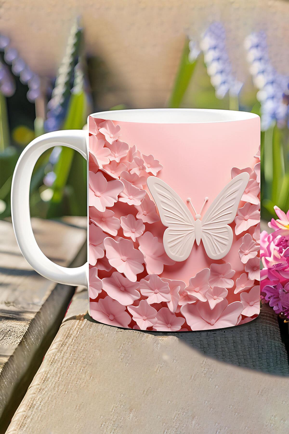 3D Görünümlü Pembe Çiçek ve Kelebekler No:1 3D Tasarım Baskılı Kupa Bardak Mug