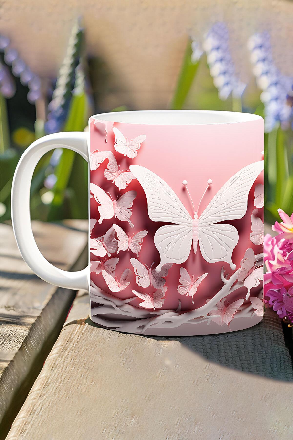 3D Görünümlü Pembe Çiçek ve Kelebekler No:1 3D Tasarım Baskılı Kupa Bardak Mug