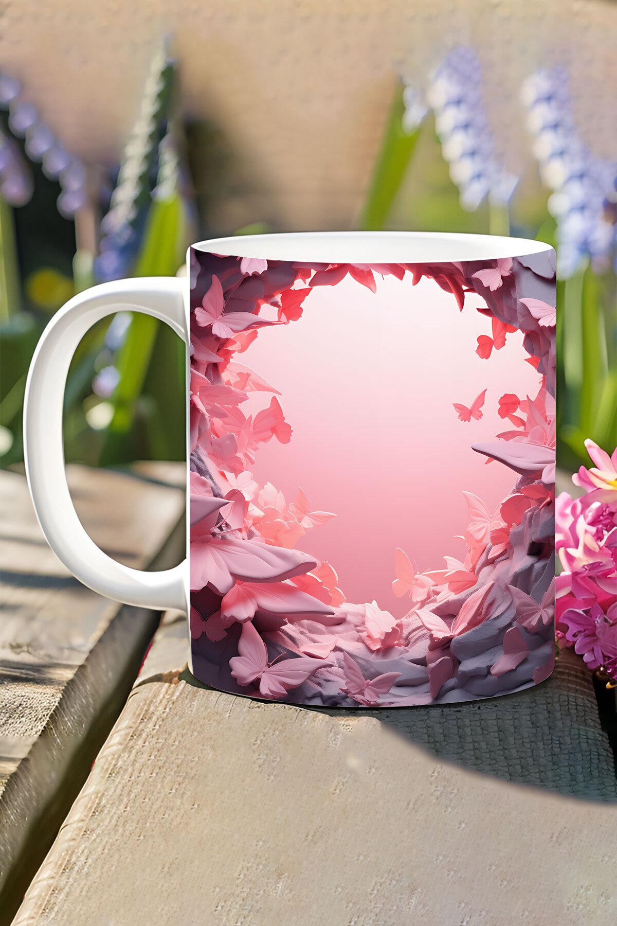 3D Görünümlü Pembe Çiçek ve Kelebekler No:1 3D Tasarım Baskılı Kupa Bardak Mug