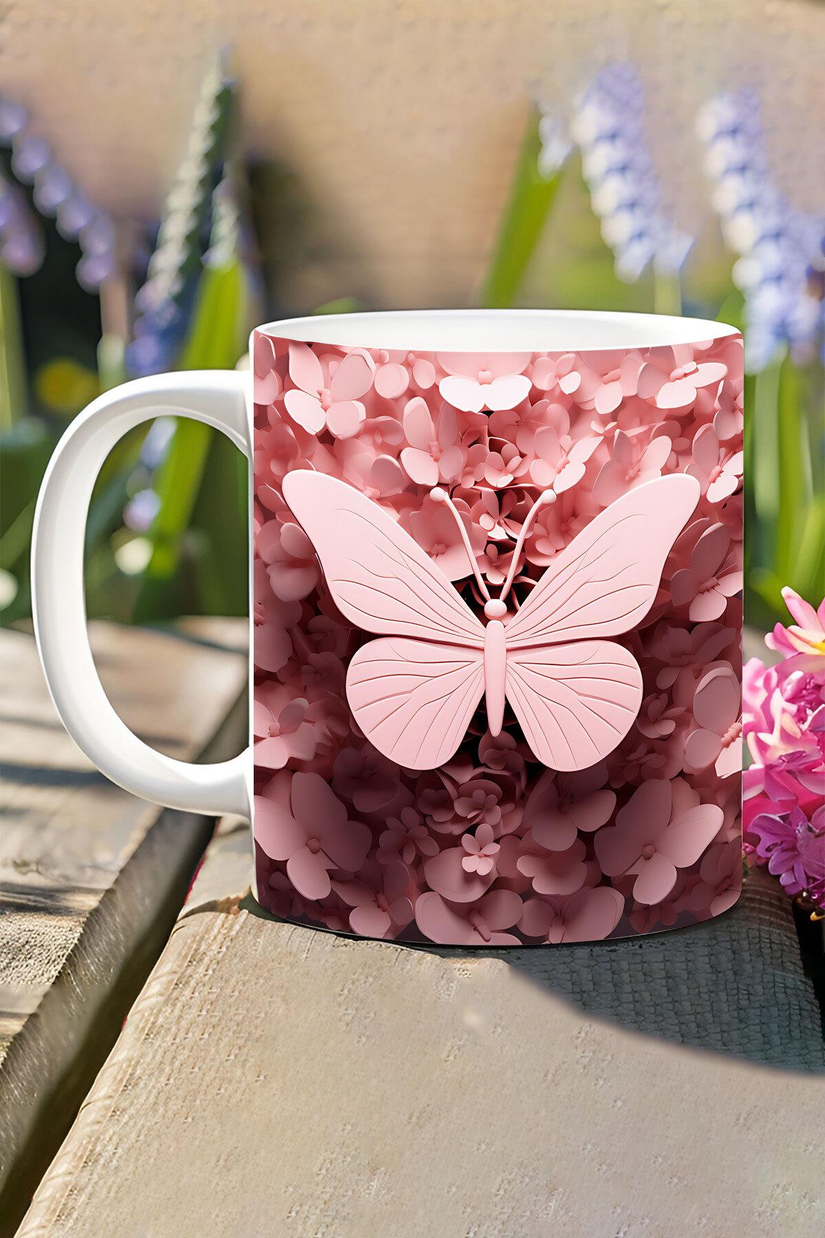 3D Görünümlü Pembe Çiçek ve Kelebekler No:1 3D Tasarım Baskılı Kupa Bardak Mug