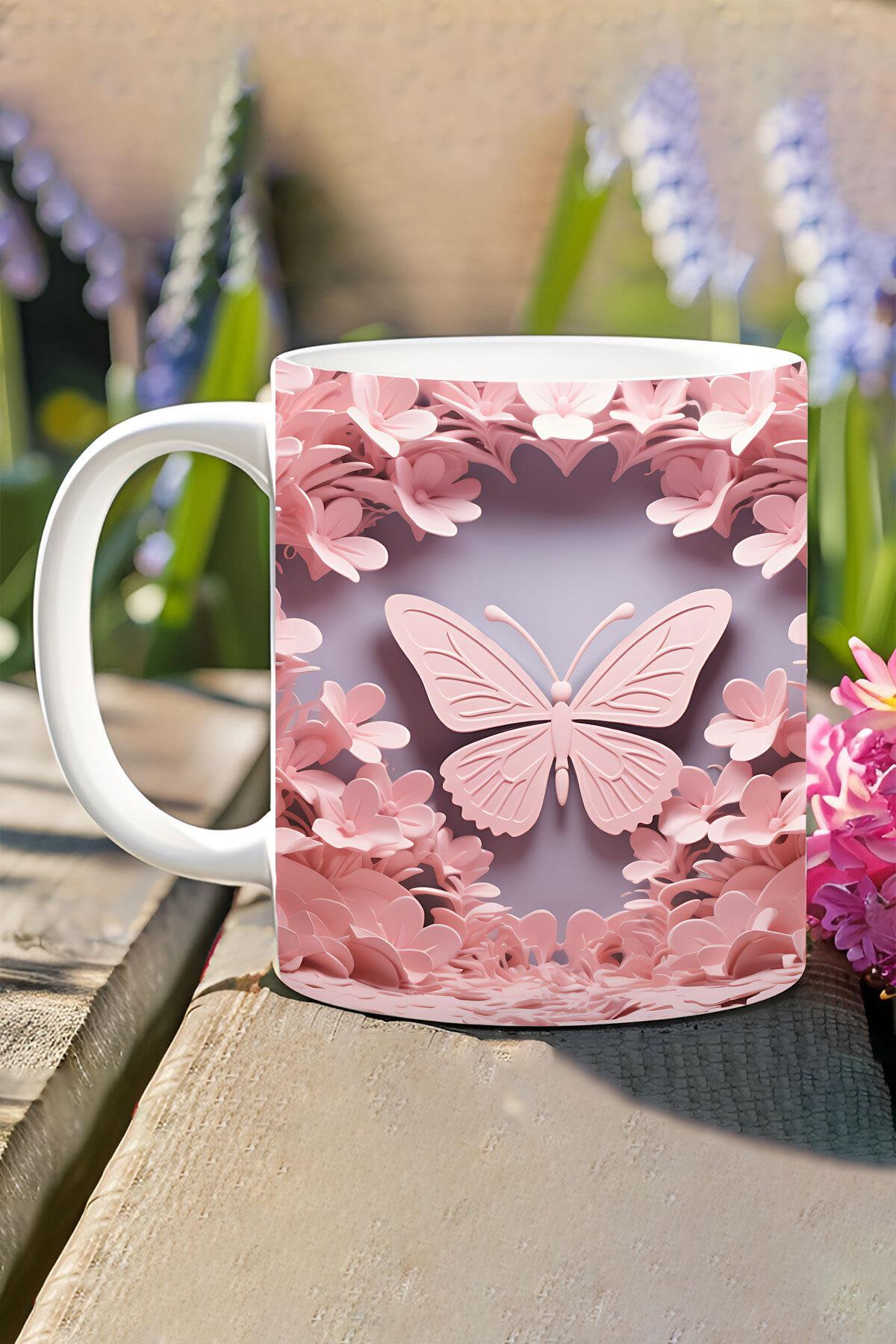 3D Görünümlü Pembe Çiçek ve Kelebekler No:1 3D Tasarım Baskılı Kupa Bardak Mug