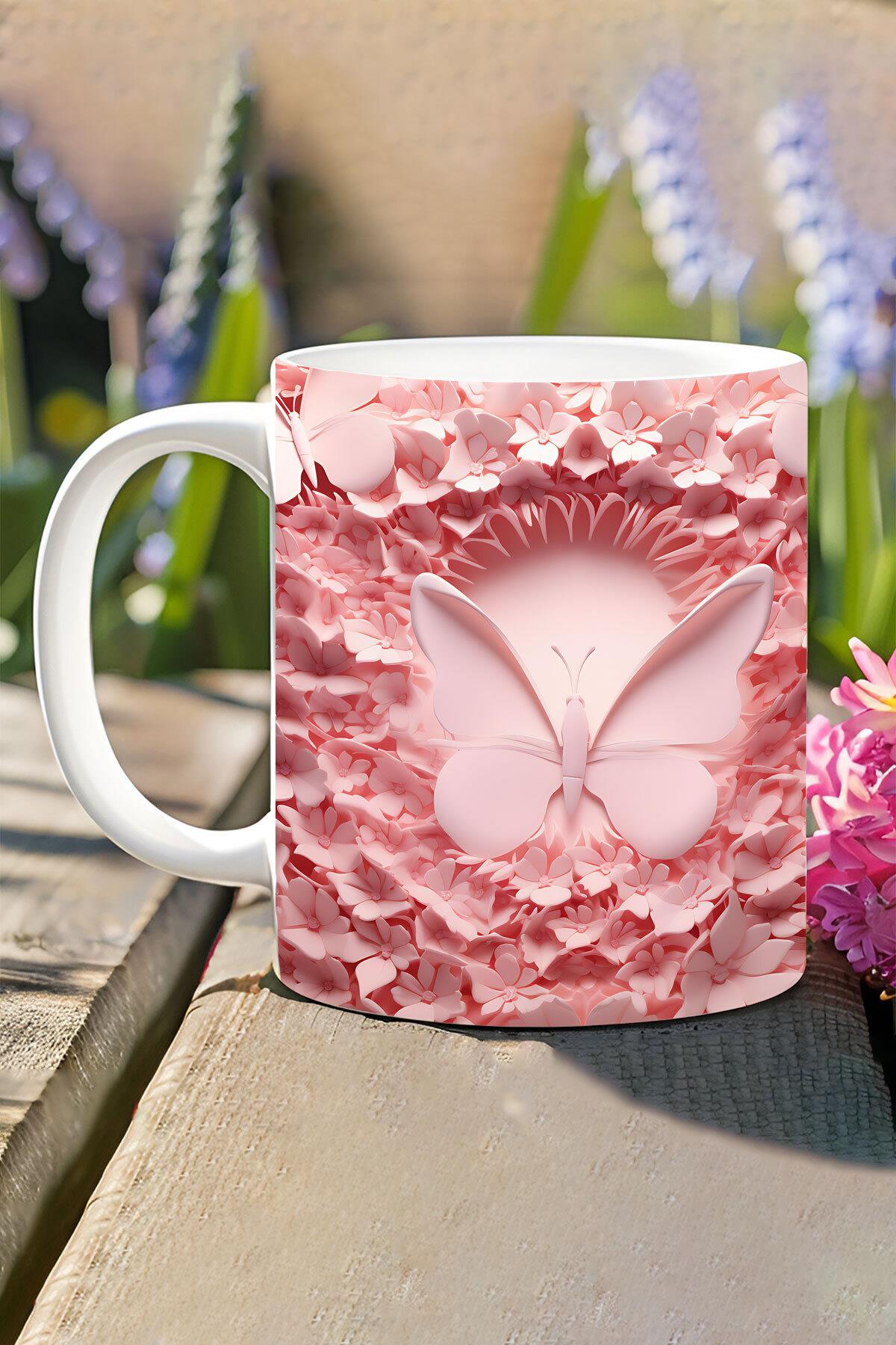 3D Görünümlü Pembe Çiçek ve Kelebekler No:1 3D Tasarım Baskılı Kupa Bardak Mug