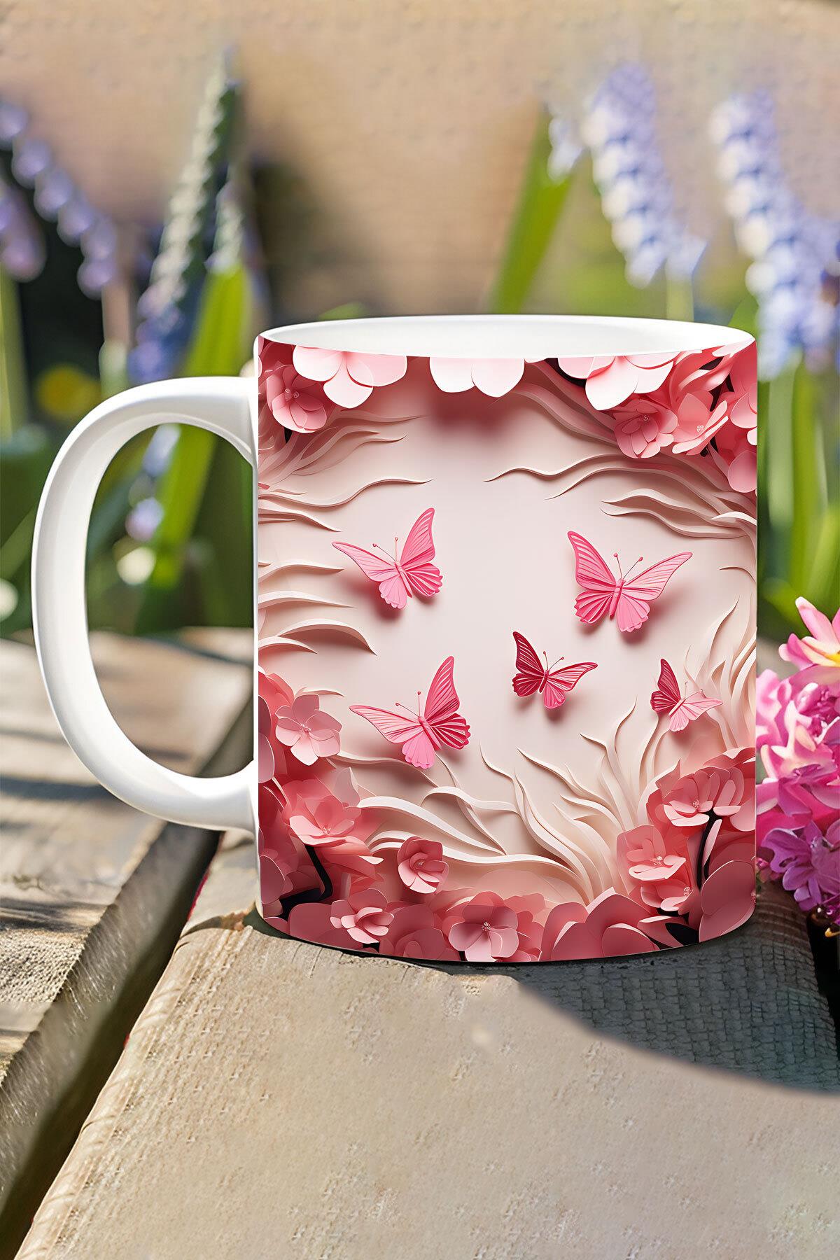 3D Görünümlü Pembe Çiçek ve Kelebekler No:1 3D Tasarım Baskılı Kupa Bardak Mug