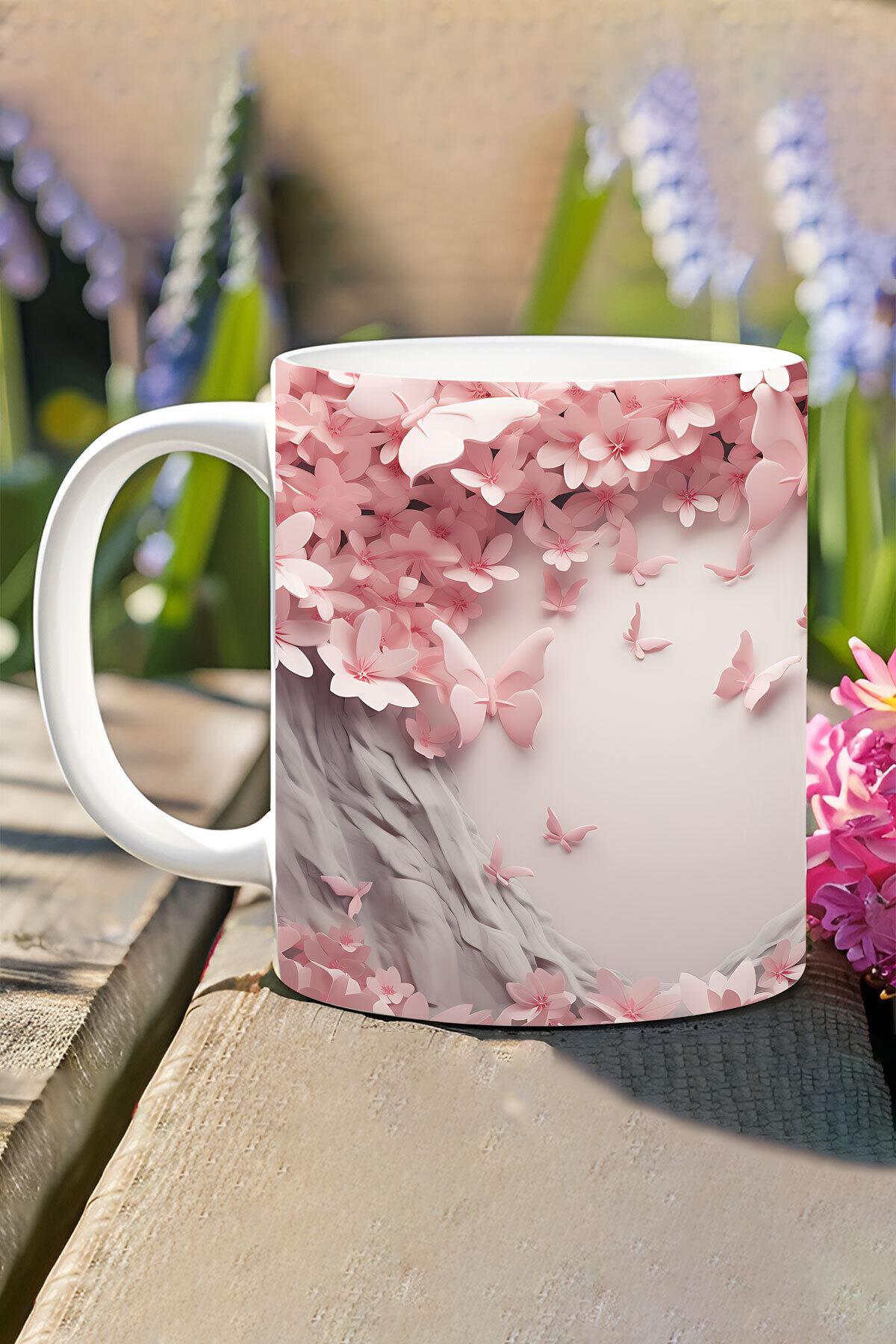 3D Görünümlü Pembe Çiçek ve Kelebekler No:1 3D Tasarım Baskılı Kupa Bardak Mug