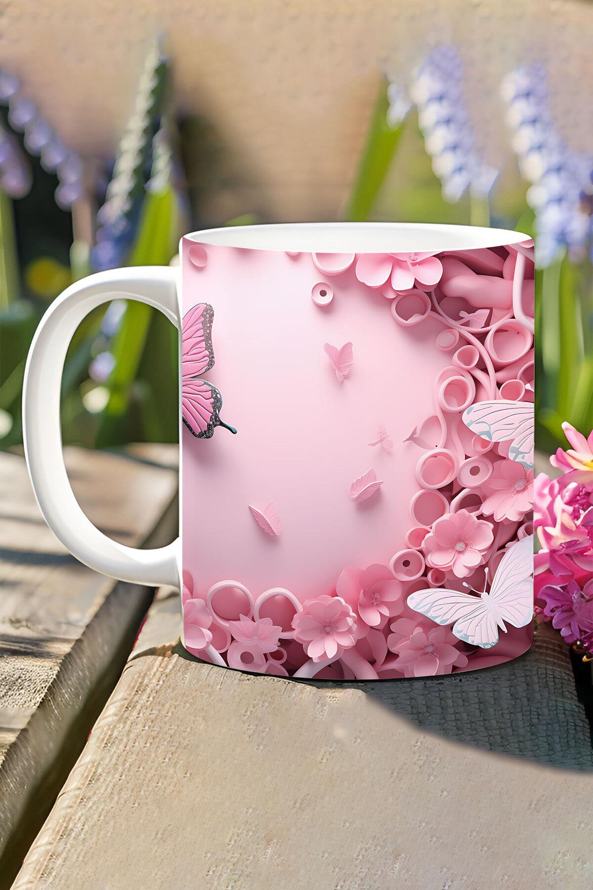 3D Görünümlü Pembe Çiçek ve Kelebekler No:1 3D Tasarım Baskılı Kupa Bardak Mug