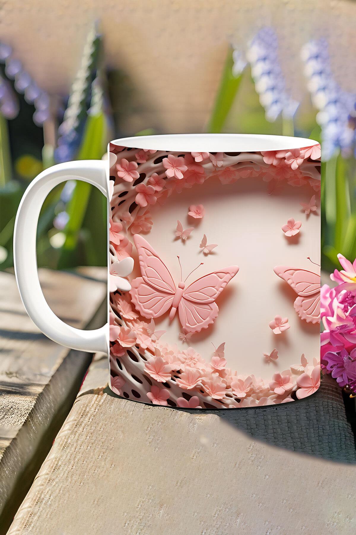 3D Görünümlü Pembe Çiçek ve Kelebekler No:1 3D Tasarım Baskılı Kupa Bardak Mug