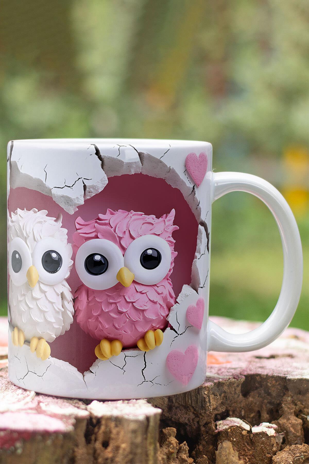 3D Görünümlü Sevimli Baykuş Hediyelik No:1 3D Tasarım Baskılı Kupa Bardak Mug
