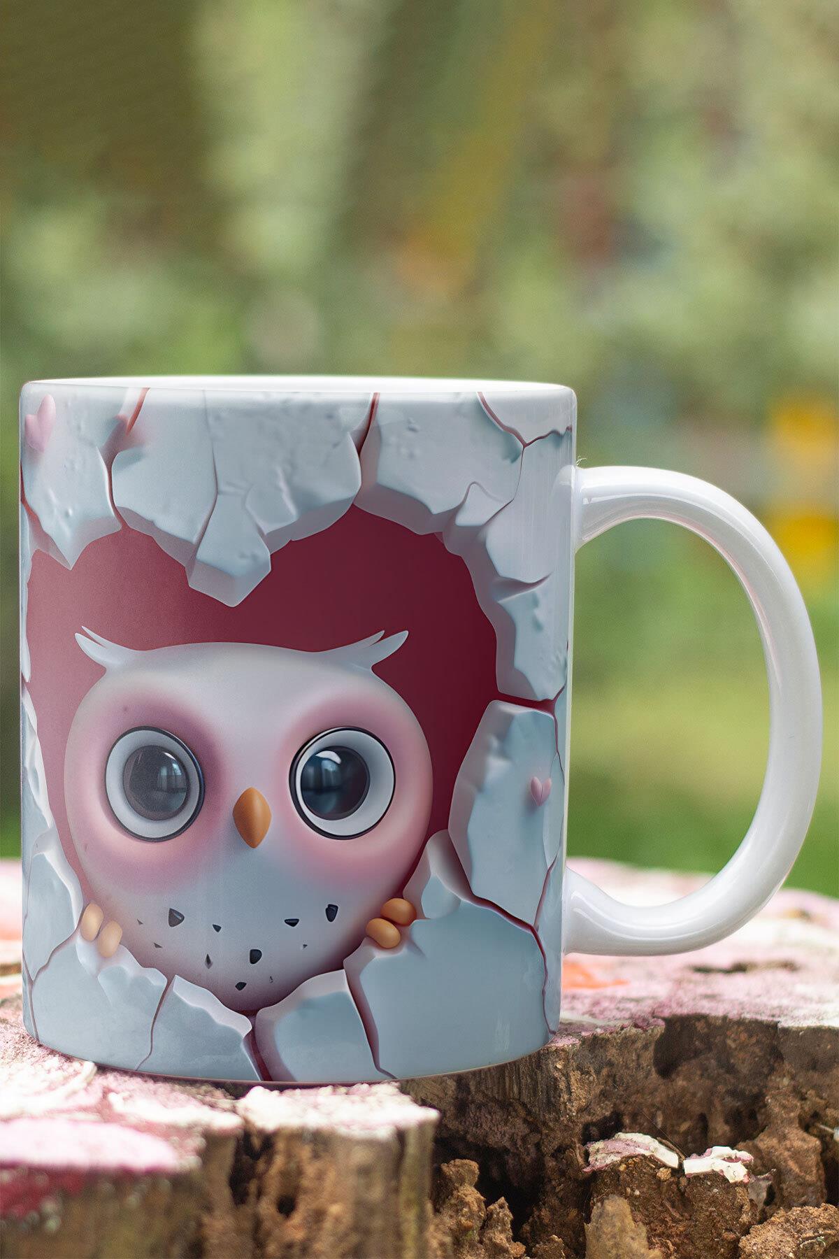 3D Görünümlü Sevimli Baykuş Hediyelik No:1 3D Tasarım Baskılı Kupa Bardak Mug