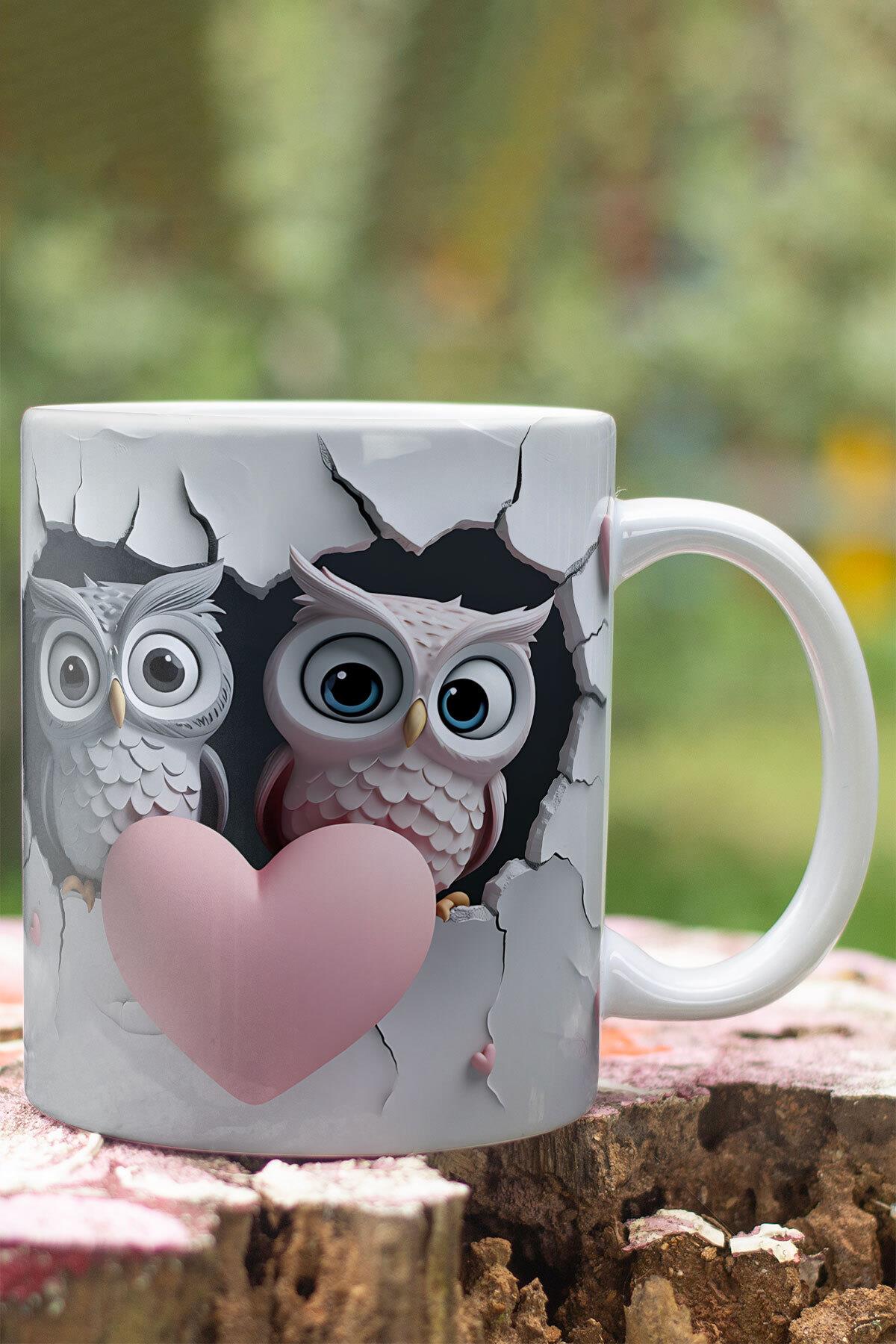 3D Görünümlü Sevimli Baykuş Hediyelik No:1 3D Tasarım Baskılı Kupa Bardak Mug