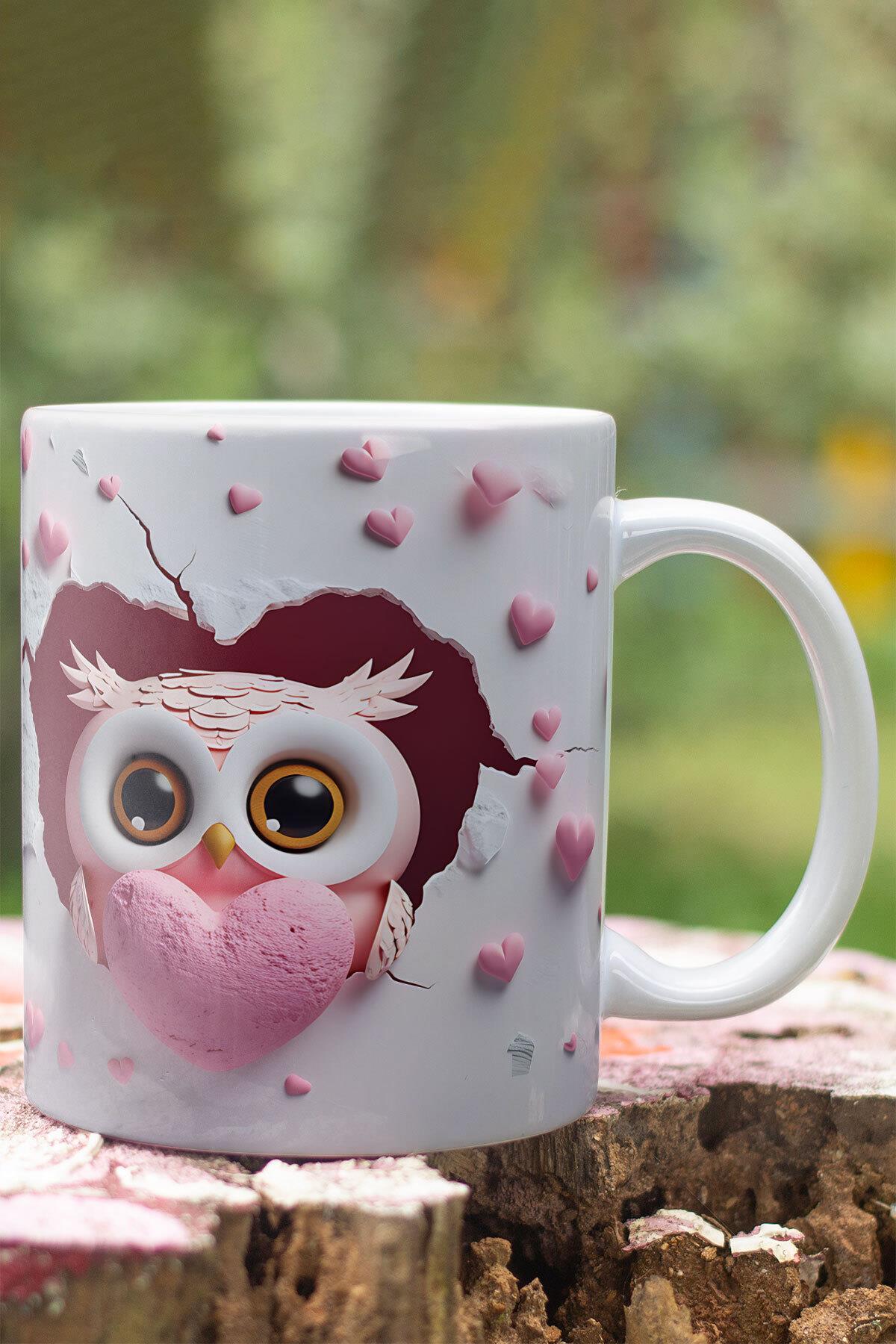 3D Görünümlü Sevimli Baykuş Hediyelik No:1 3D Tasarım Baskılı Kupa Bardak Mug