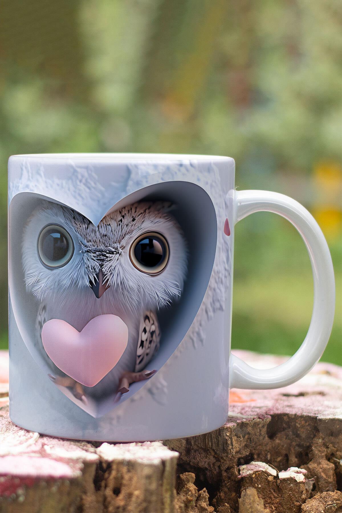 3D Görünümlü Sevimli Baykuş Hediyelik No:1 3D Tasarım Baskılı Kupa Bardak Mug