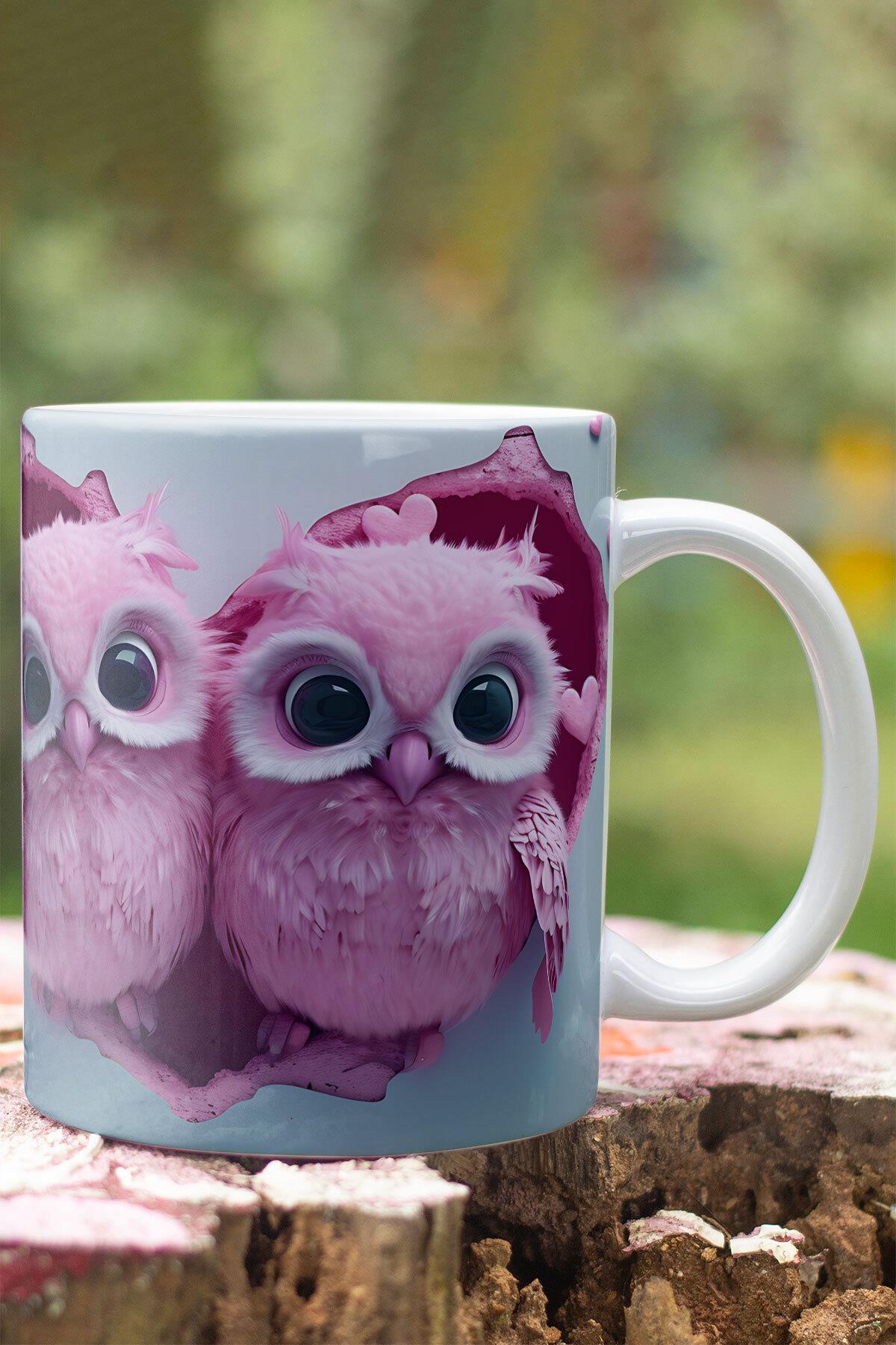 3D Görünümlü Sevimli Baykuş Hediyelik No:1 3D Tasarım Baskılı Kupa Bardak Mug