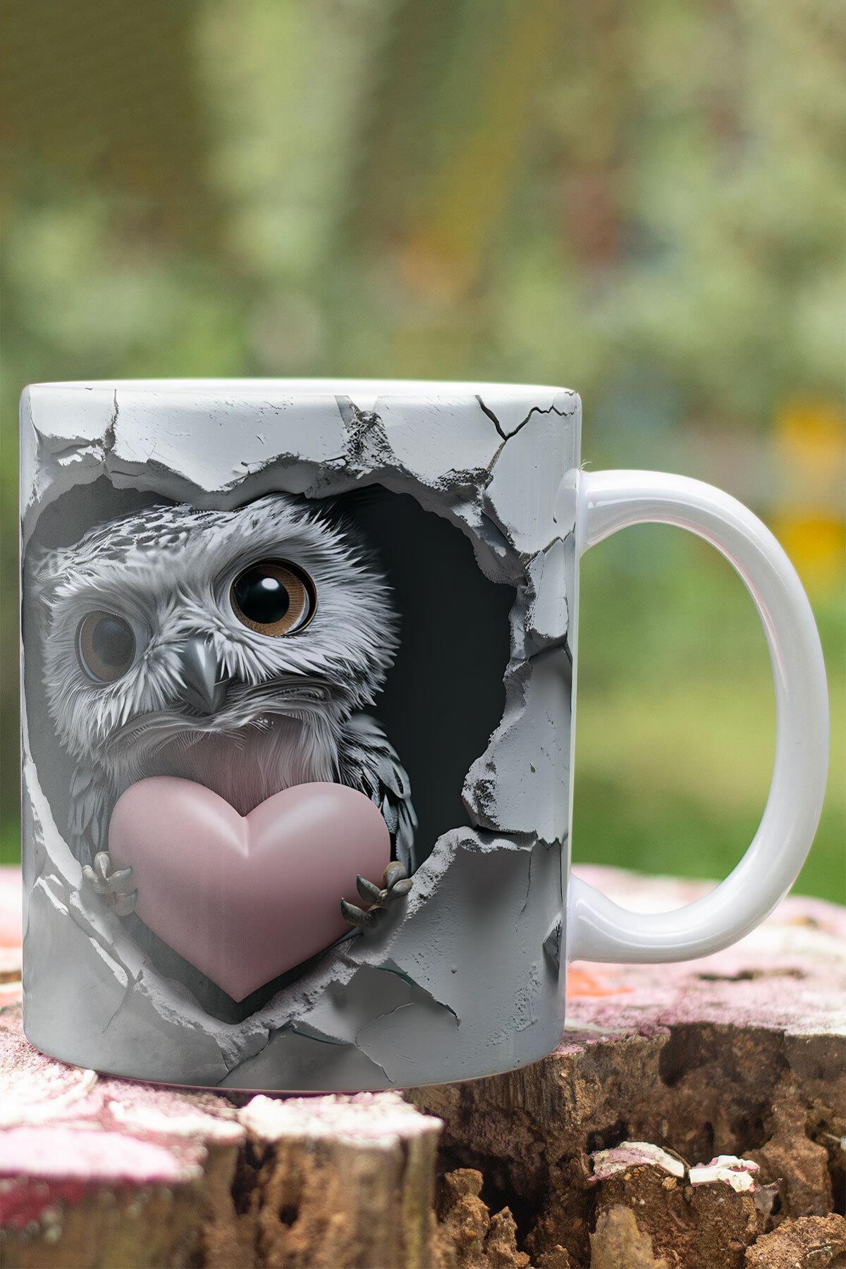3D Görünümlü Sevimli Baykuş Hediyelik No:1 3D Tasarım Baskılı Kupa Bardak Mug
