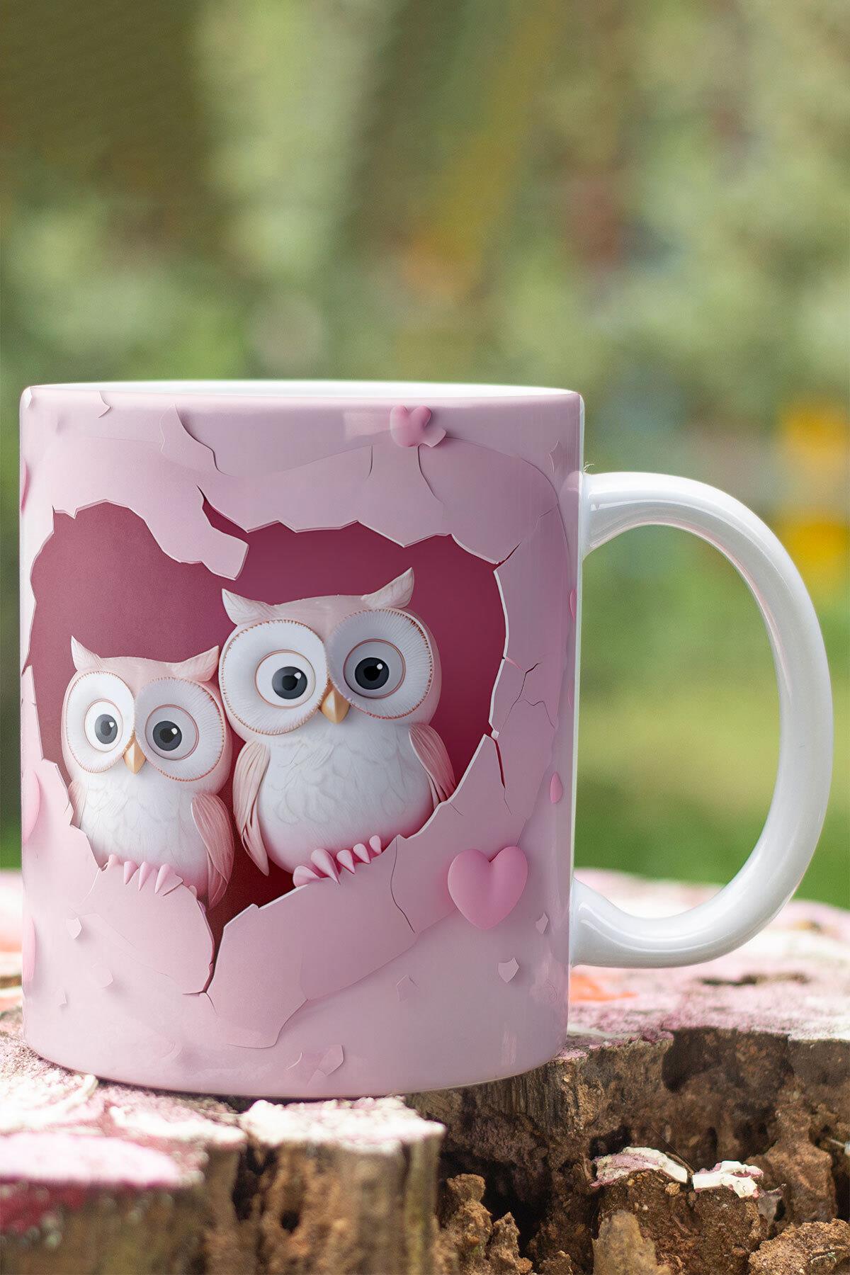3D Görünümlü Sevimli Baykuş Hediyelik No:1 3D Tasarım Baskılı Kupa Bardak Mug