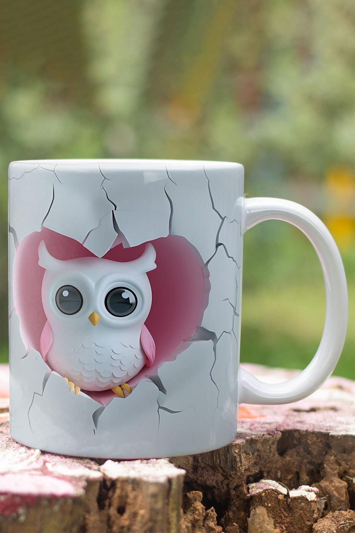 3D Görünümlü Sevimli Baykuş Hediyelik No:1 3D Tasarım Baskılı Kupa Bardak Mug