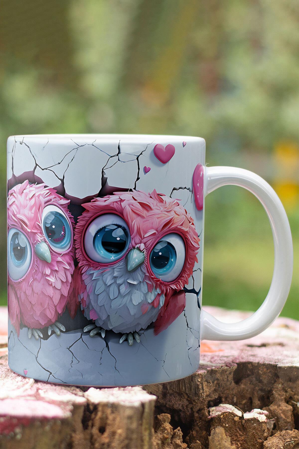 3D Görünümlü Sevimli Baykuş Hediyelik No:1 3D Tasarım Baskılı Kupa Bardak Mug