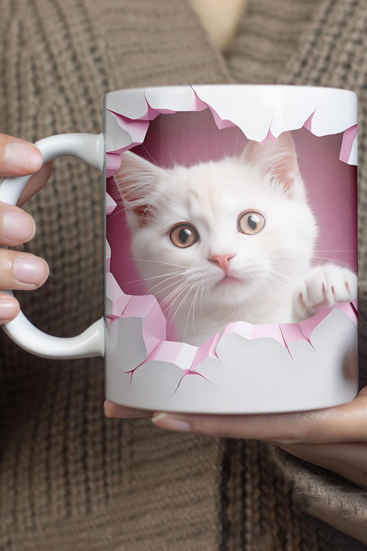3D Görünümlü Sevimli Kedi No:1 Sevgili Arkadaş Hediye 3D Tasarım Baskılı Kupa Bardak Mug