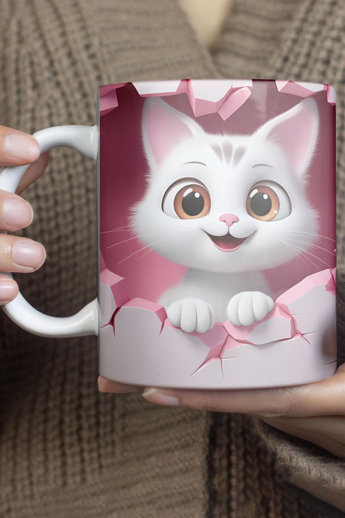 3D Görünümlü Sevimli Kedi No:1 Sevgili Arkadaş Hediye 3D Tasarım Baskılı Kupa Bardak Mug