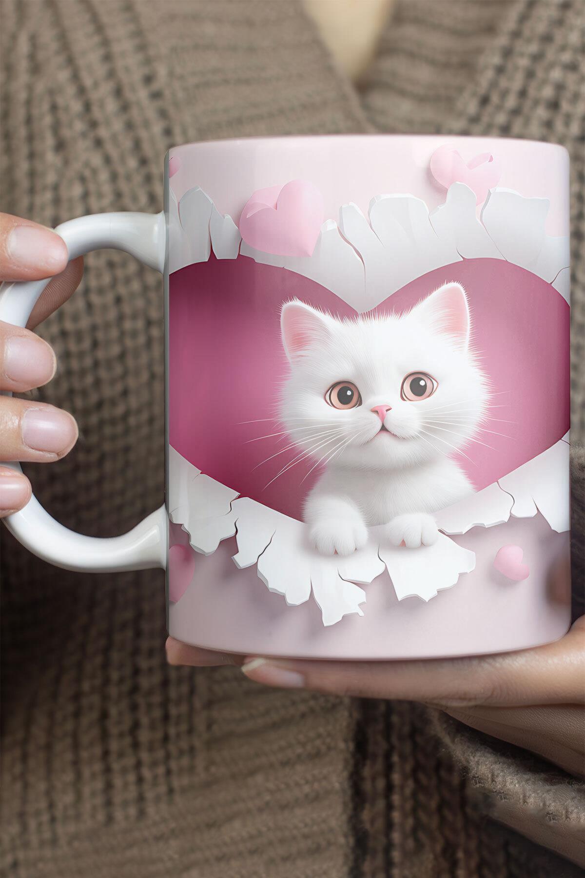 3D Görünümlü Sevimli Kedi No:1 Sevgili Arkadaş Hediye 3D Tasarım Baskılı Kupa Bardak Mug