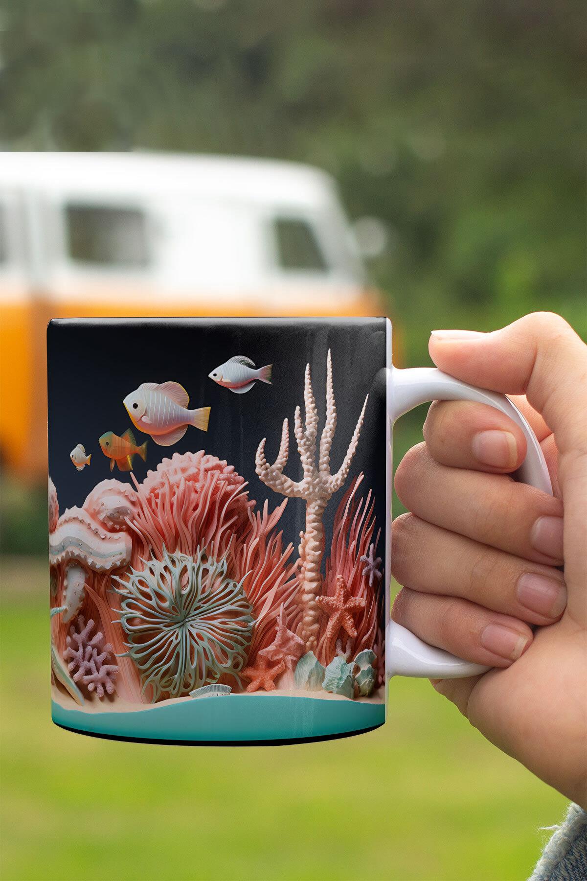 3D Okyanus Su Altı Manzaralı No:1 3D Tasarım Görünümlü Baskılı Kupa Bardak Mug