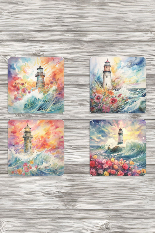 Okyanus Temalı Deniz Feneri Baskılı 4'lü Set Dekoratif Ahşap Kare Bardak Altlığı