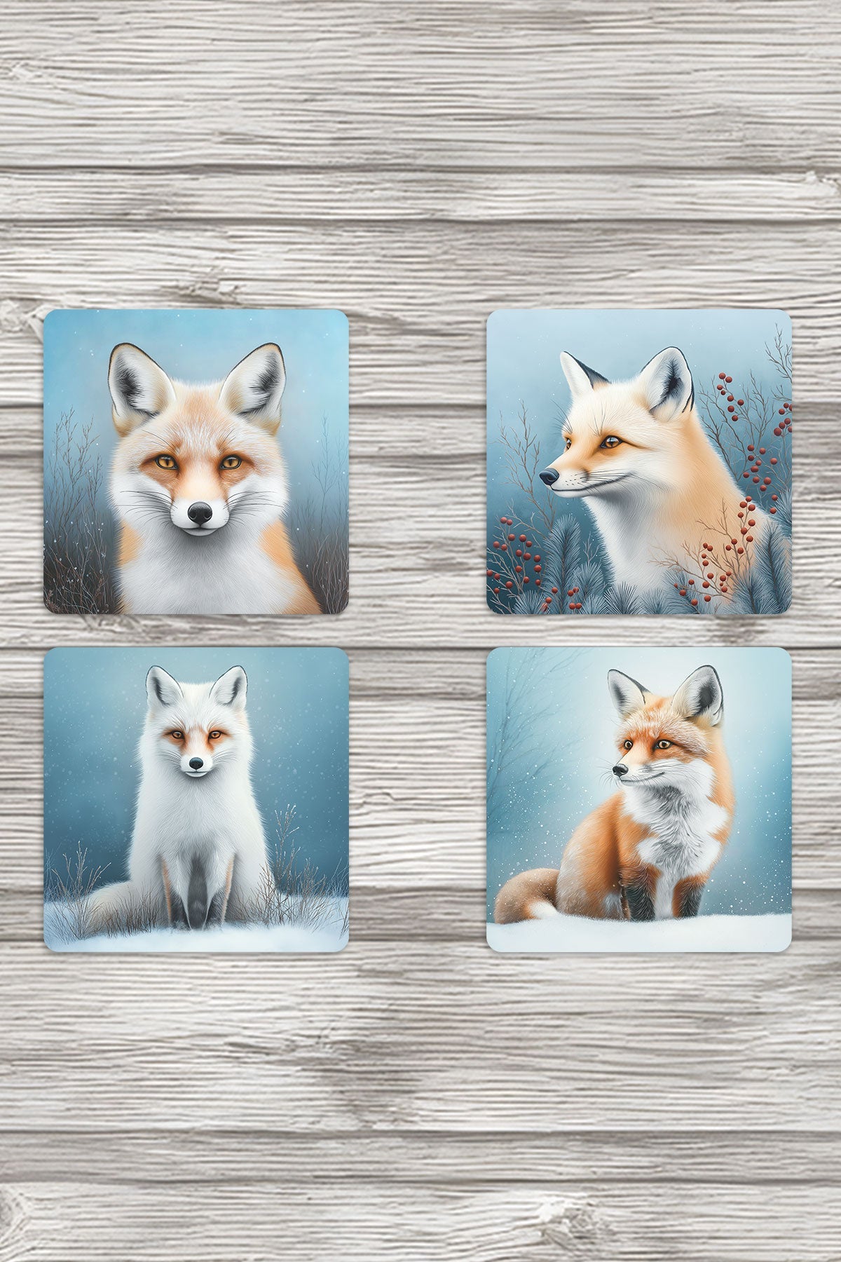 Tilki Kış Temalı Baskılı 4'lü Set Dekoratif Ahşap Kare Bardak Altlığı