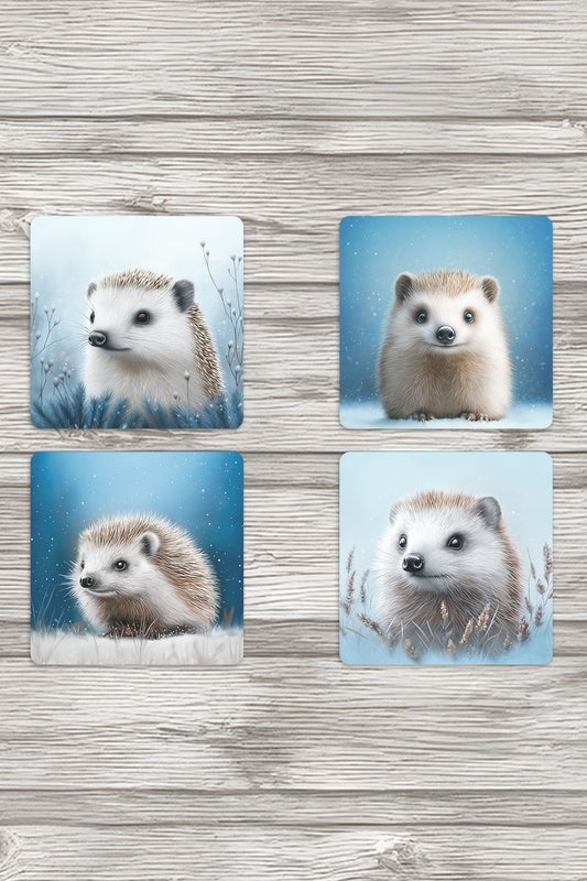 Kirpi Kış Temalı Baskılı 4'lü Set Dekoratif Ahşap Kare Bardak Altlığı