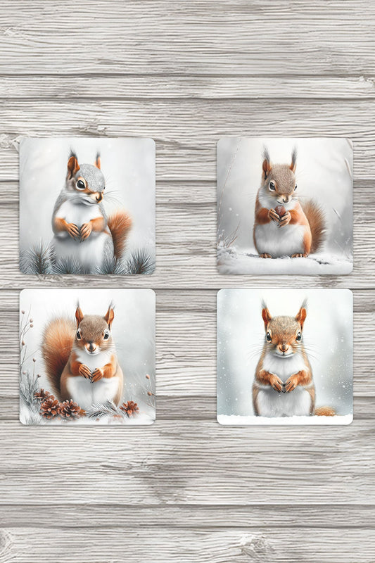 Sincap Kış Temalı Baskılı 4'lü Set Dekoratif Ahşap Kare Bardak Altlığı
