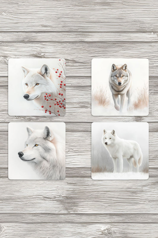 Beyaz Kurt Kış Temalı Baskılı 4'lü Set Dekoratif Ahşap Kare Bardak Altlığı
