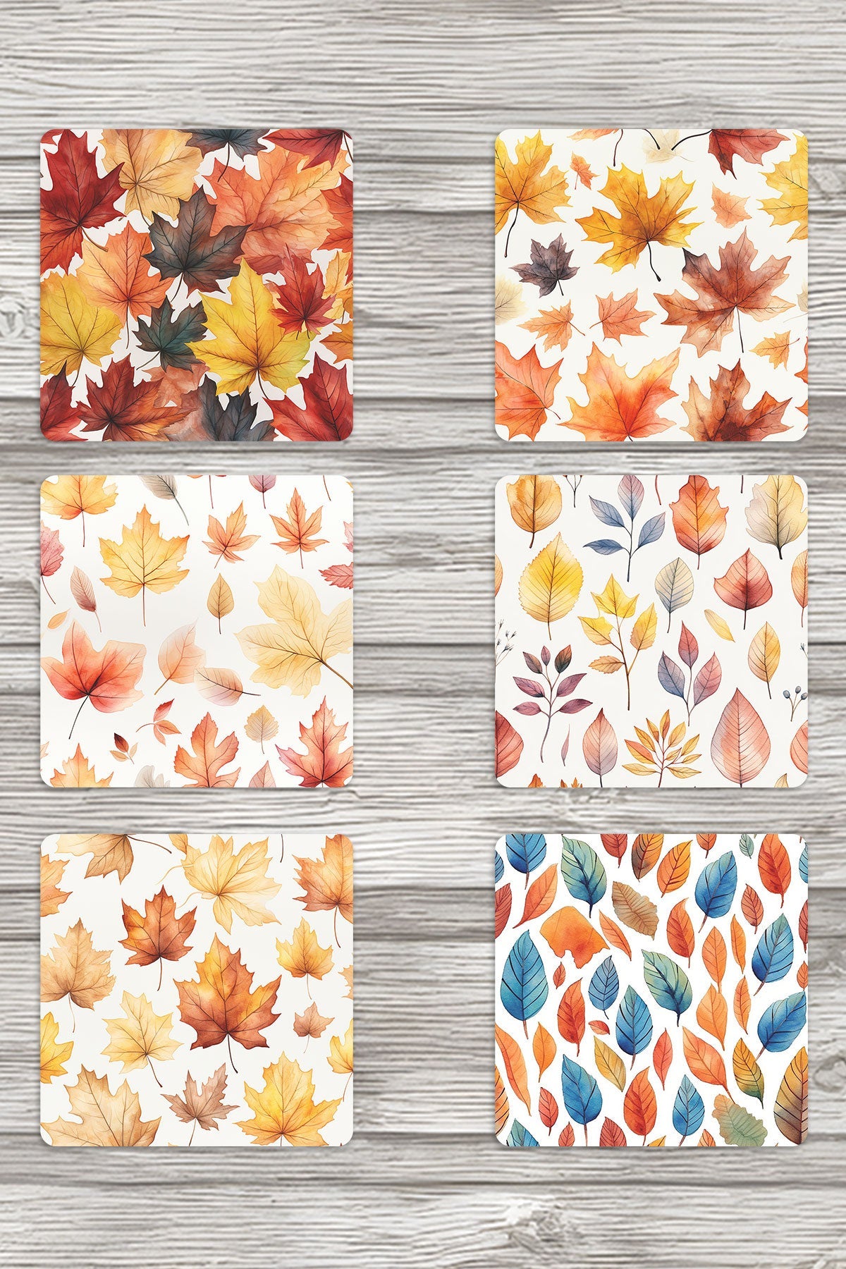 Sonbahar Yaprakları No:2 Baskılı 6'lı Set Dekoratif Ahşap Kare Bardak Altlığı