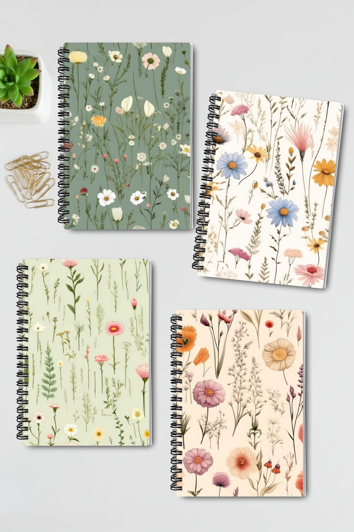 Yabani Çiçekler Tasarım Tel Spiralli 4'lü Hatıra Günlük Ajanda Anı Okul Defter Seti