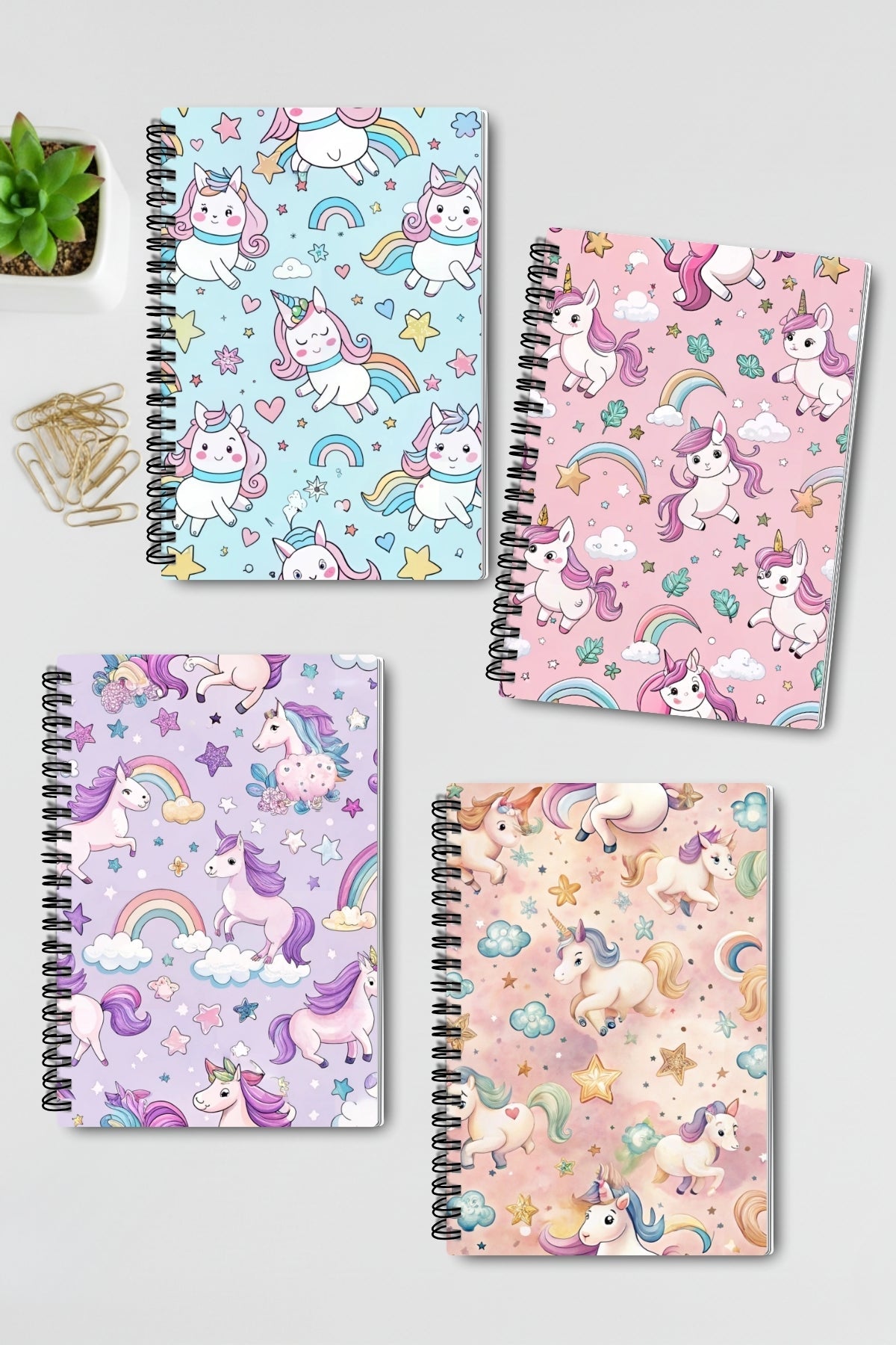 Renkli Unicorn Tasarım Tel Spiralli 4'lü Hatıra Günlük Ajanda Anı Okul Defter Seti